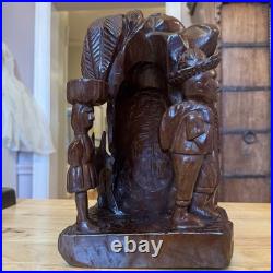 Vintage African Hand Carved Wood Sculpture 13 Village Scene Donkey Palm Tree