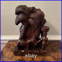 Vintage African Hand Carved Wood Sculpture 13 Village Scene Donkey Palm Tree