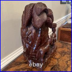 Vintage African Hand Carved Wood Sculpture 13 Village Scene Donkey Palm Tree