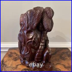Vintage African Hand Carved Wood Sculpture 13 Village Scene Donkey Palm Tree