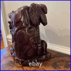 Vintage African Hand Carved Wood Sculpture 13 Village Scene Donkey Palm Tree
