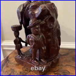 Vintage African Hand Carved Wood Sculpture 13 Village Scene Donkey Palm Tree