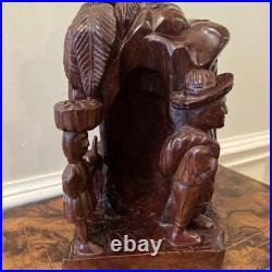 Vintage African Hand Carved Wood Sculpture 13 Village Scene Donkey Palm Tree