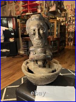 Vintage African Hand Carved Wood Sculpture Inside A Basket, Unusual Piece 21 T