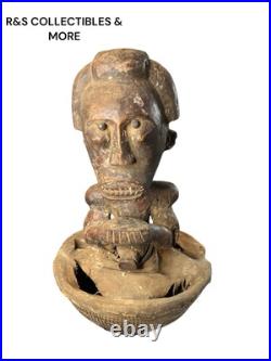 Vintage African Hand Carved Wood Sculpture Inside A Basket, Unusual Piece 21 T