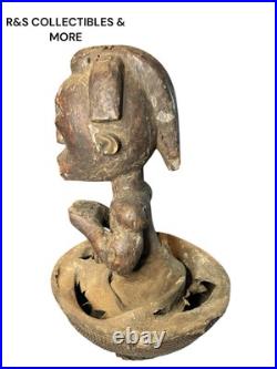 Vintage African Hand Carved Wood Sculpture Inside A Basket, Unusual Piece 21 T