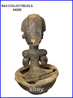 Vintage African Hand Carved Wood Sculpture Inside A Basket, Unusual Piece 21 T