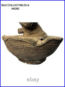 Vintage African Hand Carved Wood Sculpture Inside A Basket, Unusual Piece 21 T