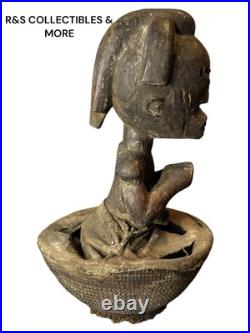 Vintage African Hand Carved Wood Sculpture Inside A Basket, Unusual Piece 21 T