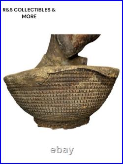 Vintage African Hand Carved Wood Sculpture Inside A Basket, Unusual Piece 21 T
