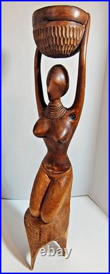 Vintage African Woman Sculpture Hand Carved Wood Kneeling Figure with Bowl 23'