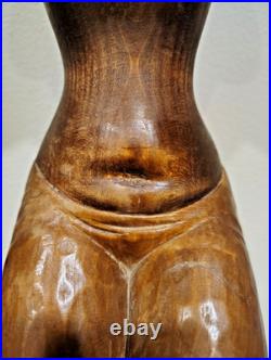 Vintage African Woman Sculpture Hand Carved Wood Kneeling Figure with Bowl 23'