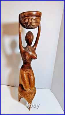 Vintage African Woman Sculpture Hand Carved Wood Kneeling Figure with Bowl 23'