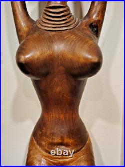 Vintage African Woman Sculpture Hand Carved Wood Kneeling Figure with Bowl 23'