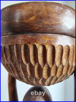 Vintage African Woman Sculpture Hand Carved Wood Kneeling Figure with Bowl 23'