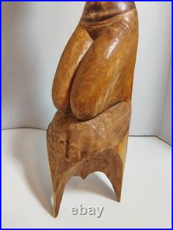 Vintage African Woman Sculpture Hand Carved Wood Kneeling Figure with Bowl 23'