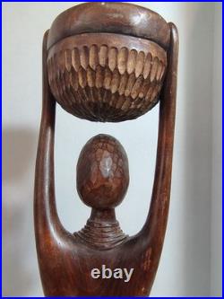 Vintage African Woman Sculpture Hand Carved Wood Kneeling Figure with Bowl 23'