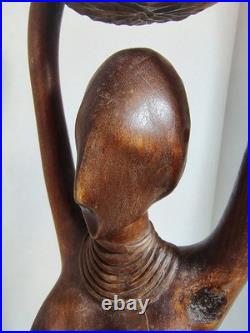 Vintage African Woman Sculpture Hand Carved Wood Kneeling Figure with Bowl 23'