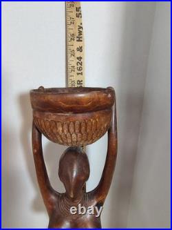 Vintage African Woman Sculpture Hand Carved Wood Kneeling Figure with Bowl 23'