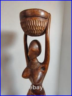 Vintage African Woman Sculpture Hand Carved Wood Kneeling Figure with Bowl 23'