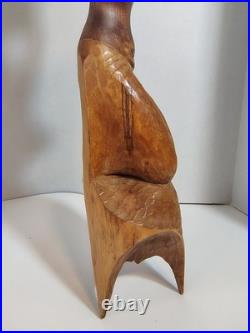 Vintage African Woman Sculpture Hand Carved Wood Kneeling Figure with Bowl 23'