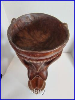 Vintage African Woman Sculpture Hand Carved Wood Kneeling Figure with Bowl 23'