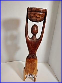 Vintage African Woman Sculpture Hand Carved Wood Kneeling Figure with Bowl 23'