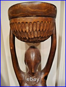 Vintage African Woman Sculpture Hand Carved Wood Kneeling Figure with Bowl 23'