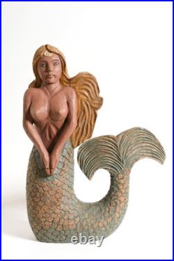 Vintage American Folk Art, wooden Mermaid sculpture. Painted wood carving