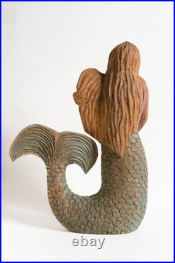 Vintage American Folk Art, wooden Mermaid sculpture. Painted wood carving