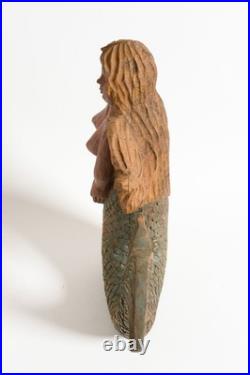 Vintage American Folk Art, wooden Mermaid sculpture. Painted wood carving