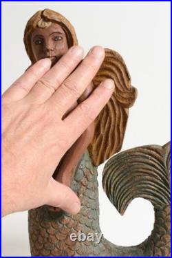 Vintage American Folk Art, wooden Mermaid sculpture. Painted wood carving