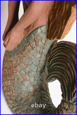 Vintage American Folk Art, wooden Mermaid sculpture. Painted wood carving
