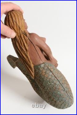 Vintage American Folk Art, wooden Mermaid sculpture. Painted wood carving