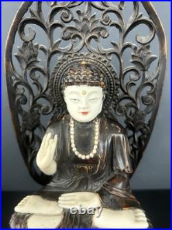 Vintage Amida Nyorai Seated Statue Wood Carving Buddha Sculpture Period Piece