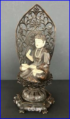 Vintage Amida Nyorai Seated Statue Wood Carving Buddha Sculpture Period Piece