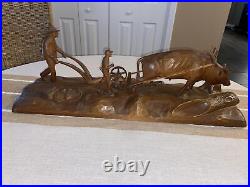 Vintage Andre Dube Wood Carving Farmers Plowing Field Ox Folk Art MCM RARE