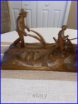 Vintage Andre Dube Wood Carving Farmers Plowing Field Ox Folk Art MCM RARE