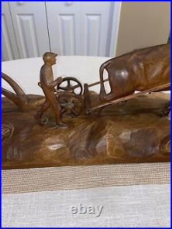 Vintage Andre Dube Wood Carving Farmers Plowing Field Ox Folk Art MCM RARE