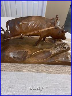 Vintage Andre Dube Wood Carving Farmers Plowing Field Ox Folk Art MCM RARE