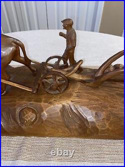 Vintage Andre Dube Wood Carving Farmers Plowing Field Ox Folk Art MCM RARE