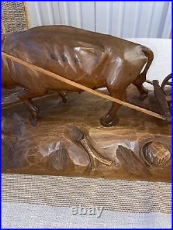 Vintage Andre Dube Wood Carving Farmers Plowing Field Ox Folk Art MCM RARE