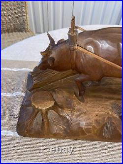 Vintage Andre Dube Wood Carving Farmers Plowing Field Ox Folk Art MCM RARE