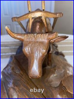 Vintage Andre Dube Wood Carving Farmers Plowing Field Ox Folk Art MCM RARE