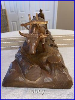 Vintage Andre Dube Wood Carving Farmers Plowing Field Ox Folk Art MCM RARE