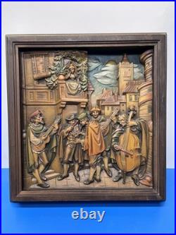 Vintage Anri 11.75 Wood Relief Carving Carl Spitzweg The Serenade