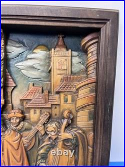 Vintage Anri 11.75 Wood Relief Carving Carl Spitzweg The Serenade