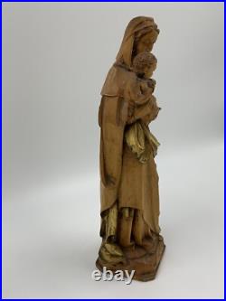 Vintage Anri Hand Carved Madonna & Baby Jesus Wood Sculpture 10.25