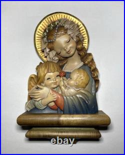 Vintage Anri Italy Hand Carved Wood Madonna, Child and Angel Wall Sculpture 17