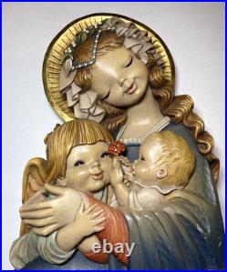 Vintage Anri Italy Hand Carved Wood Madonna, Child and Angel Wall Sculpture 17